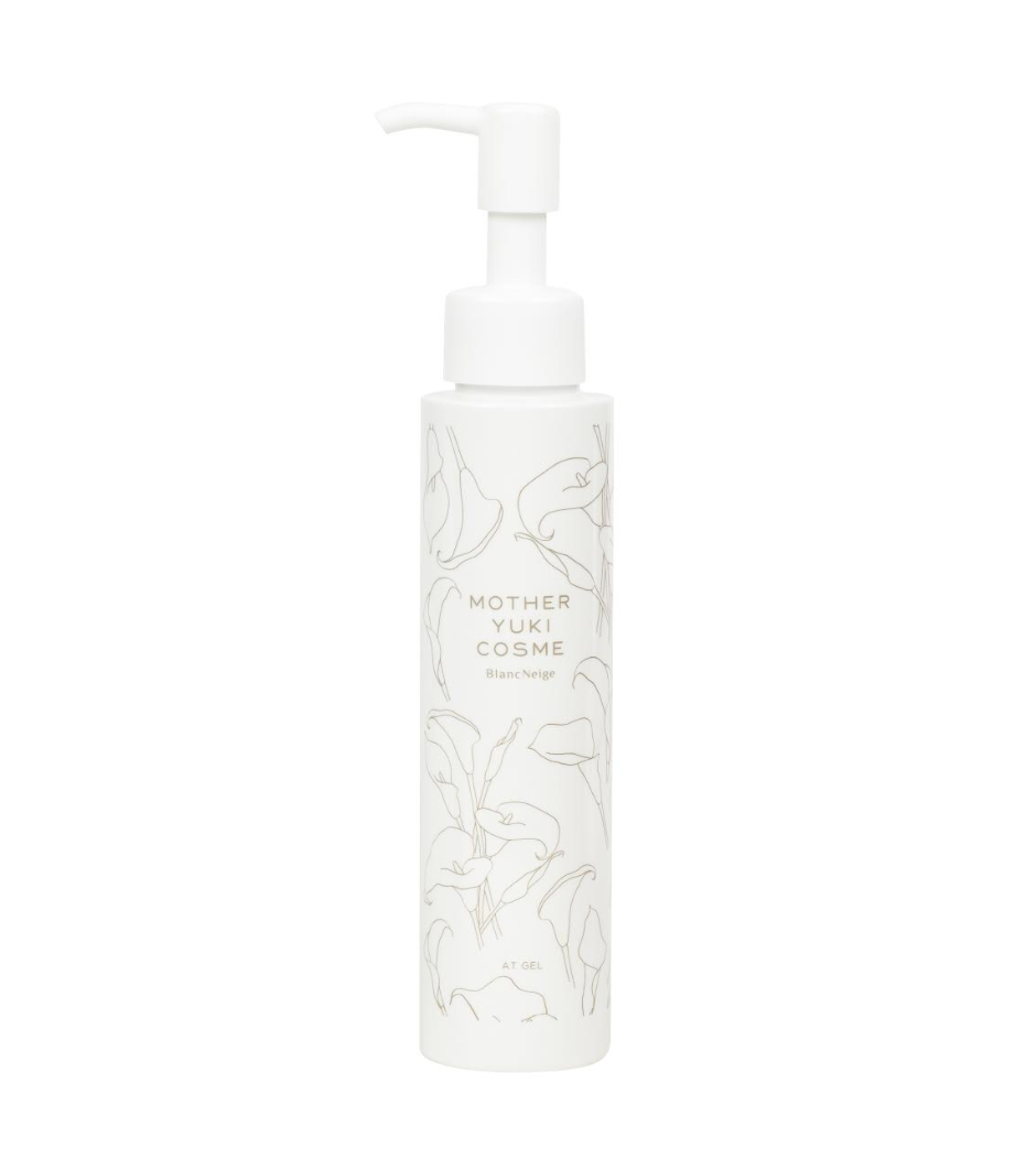 Soothing AT Gel facial moisturizer from Japanese skincare brand Blancskin, displayed in a minimalist white bottle with a floral pattern design.