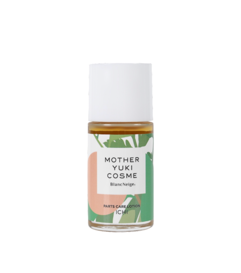 Fragrant floral skincare product in white packaging with green accents, featuring the brand name "Mother Yuki Cosme" on the label. The product appears to be a moisturizing serum or facial oil made with natural ingredients, displayed on a plain white background.