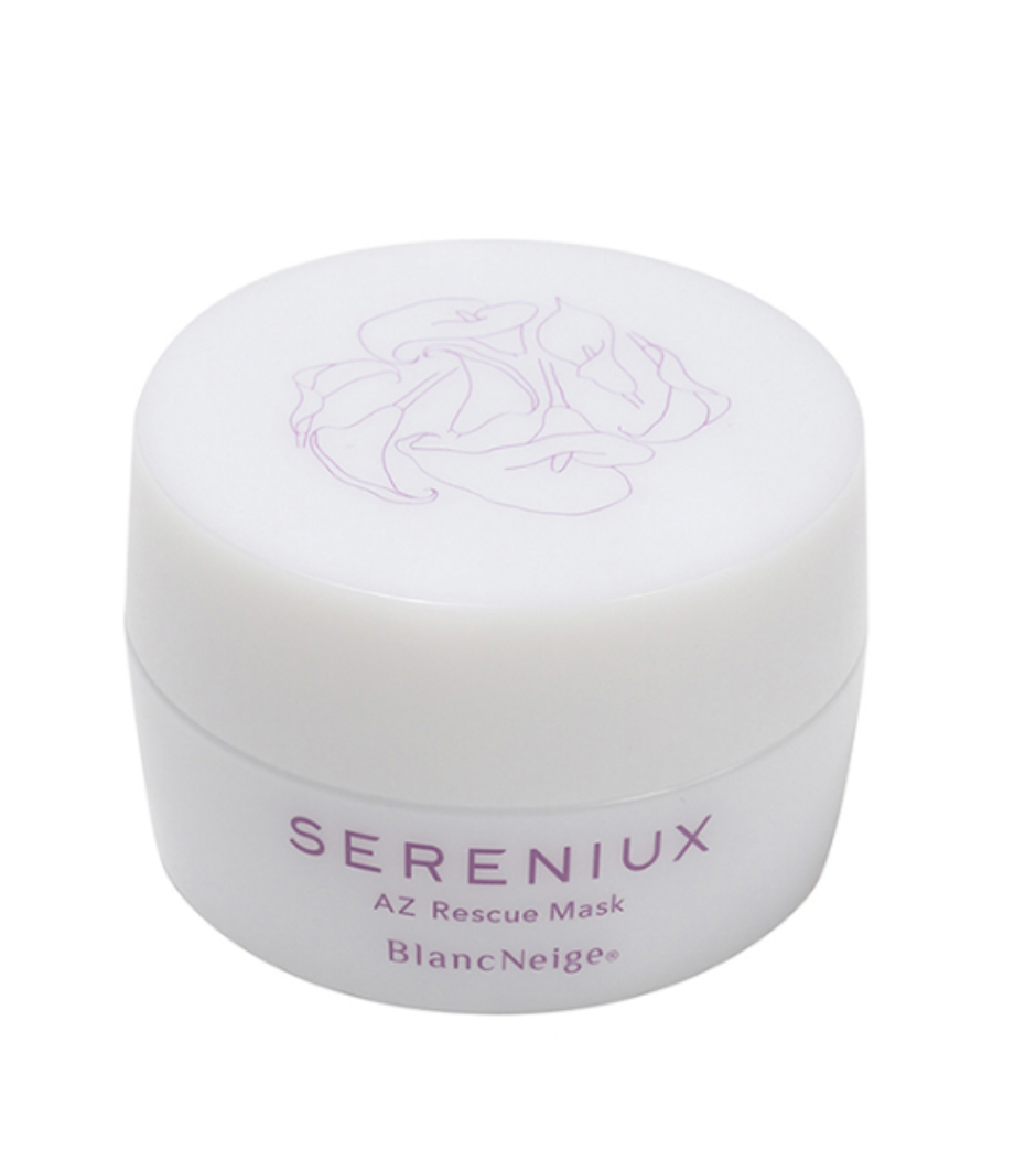 Soothing white rescue mask from Blancskincare's Sereniux series, featuring a delicate floral design on the lid and offering calming and hydrating benefits for sensitive skin.