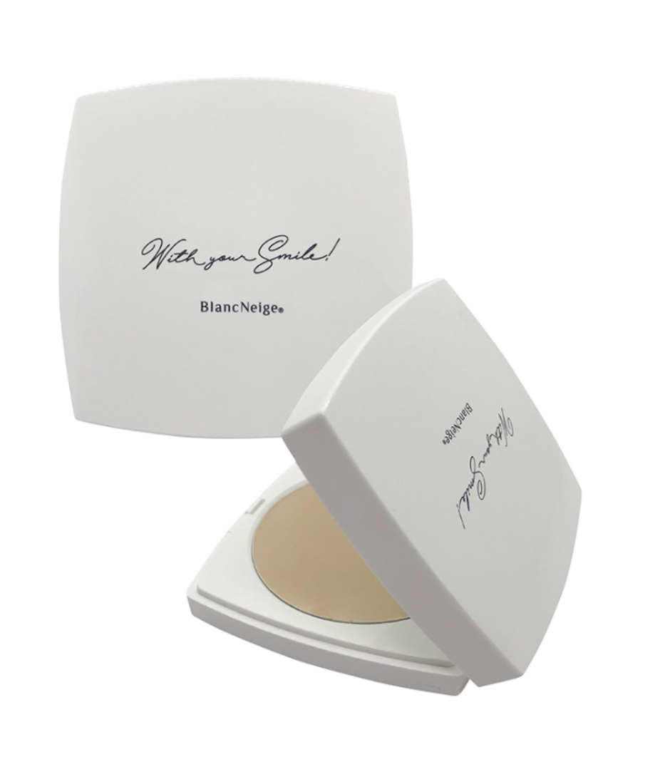 Sleek white foundation compact from Blancskincare, your perfect beauty companion with its natural Japanese ingredients.