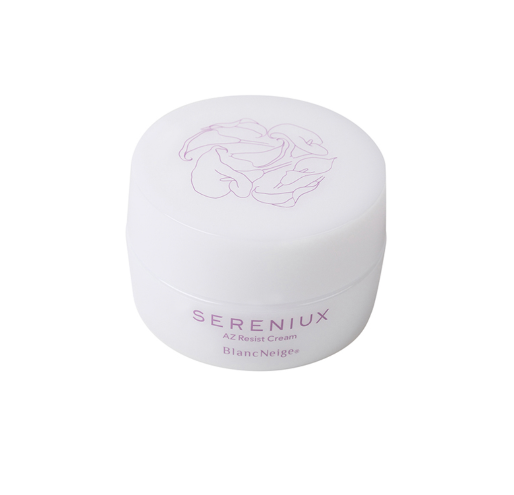 Luxurious white skincare jar with floral logo: SERENIUX SERIES anti-aging resist cream restores youthful radiance.