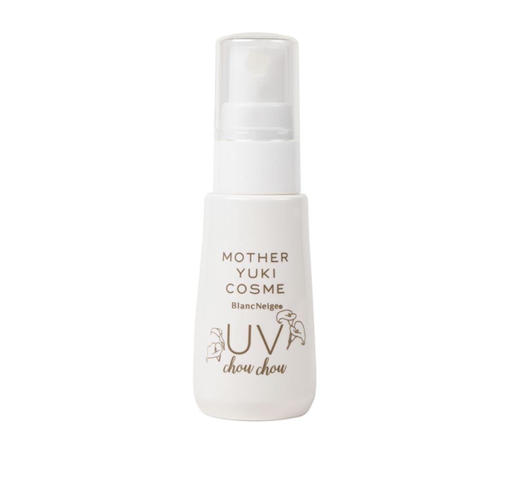 Lightweight UV protection spray from Blancskin's Mother Yuki Cosme line, ideal for all skin types.